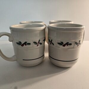 Longaberger Pottery Christmas Holly Berry Coffee Mugs Woven Traditions-SET OF 4